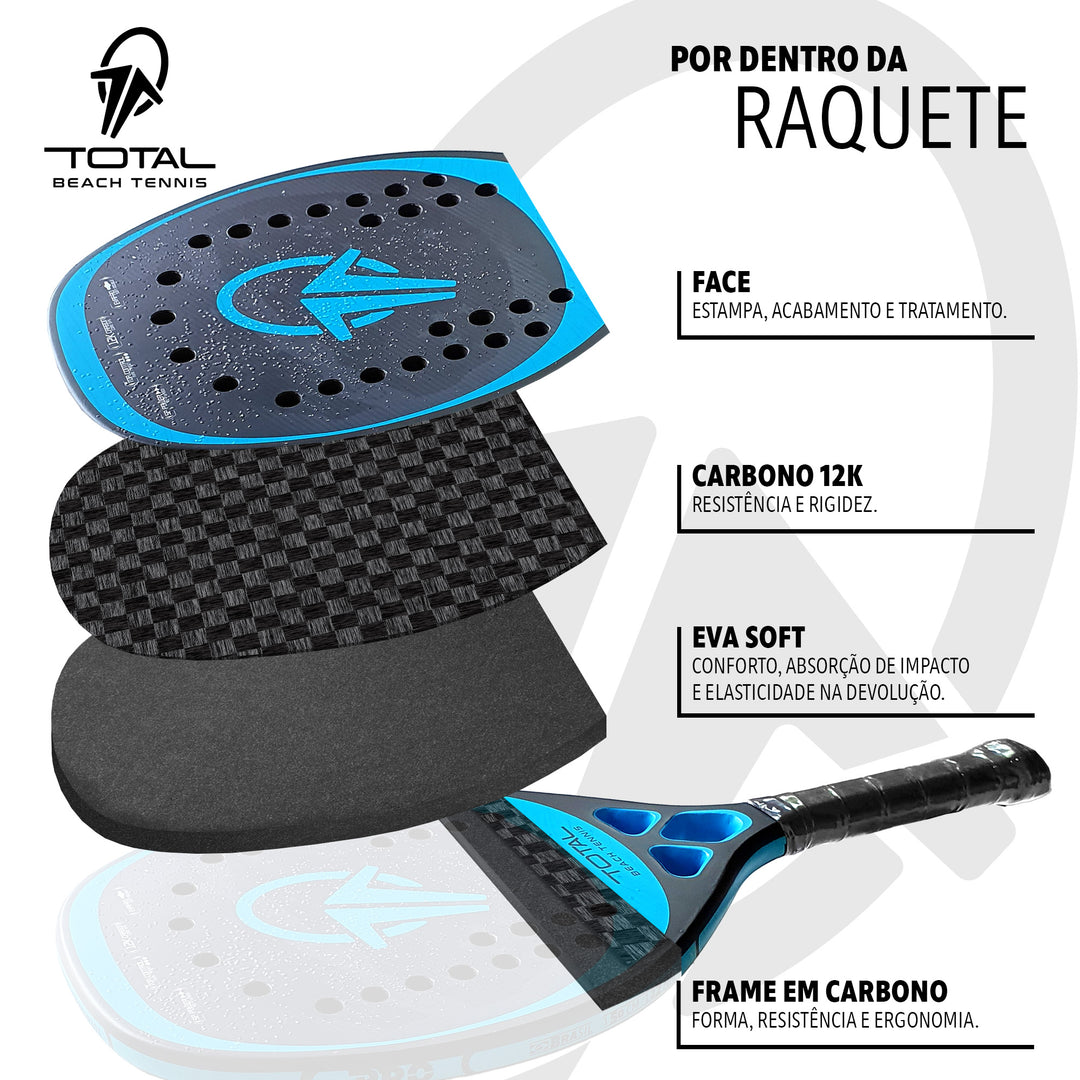 Kit Raquete Beach Tennis Total Pro Carbono 12k + 3 Bolas + 3 Overgrips + Capa + Protetor de Raquete