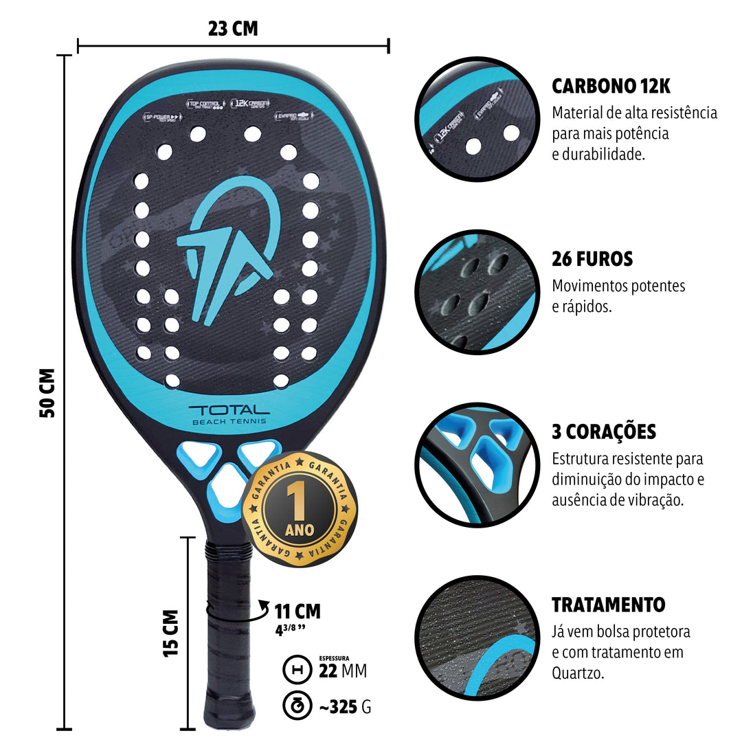 Kit Raquete Beach Tennis Total Pro Carbono 12k + 3 Bolas + 3 Overgrips + Capa + Protetor de Raquete