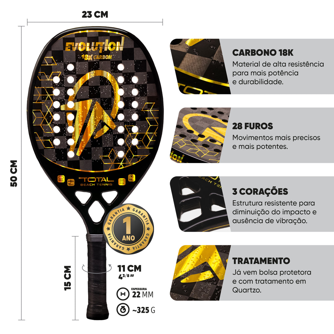 Kit Raquete Beach Tennis Total Evolution Golden + Bola + Grip + Fita + Capa