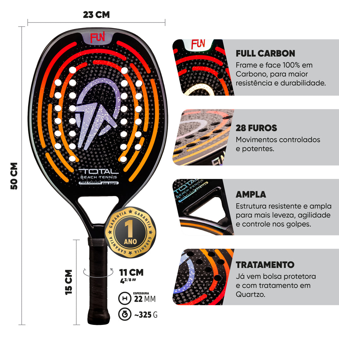 Raquete de Beach Tennis Carbono Total Fun 2025 + Capa