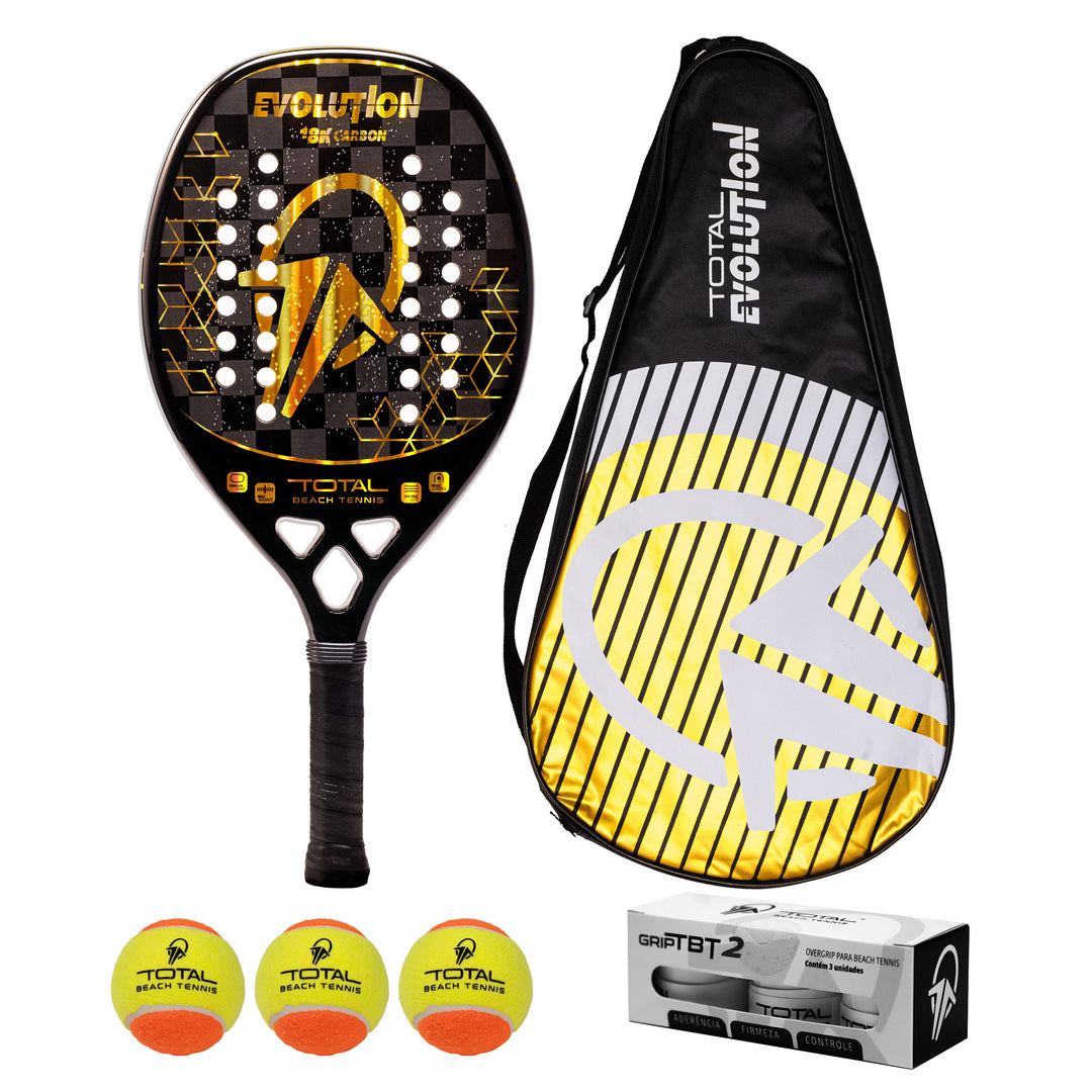 Kit Raquete Beach Tennis Total Evolution Golden + Bola + Grip + Capa